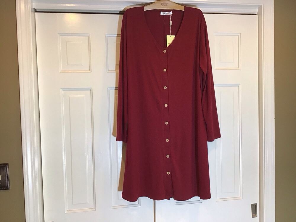 NWT Manydress Shift Dress XXL Button Front Women Maroon LS V-Neck Office Casual
